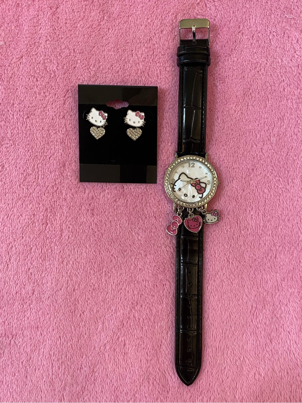 Hello Kitty Accutime Charm Watch + Rhinestone Heart Earrings Set Sanrio HK5003B5